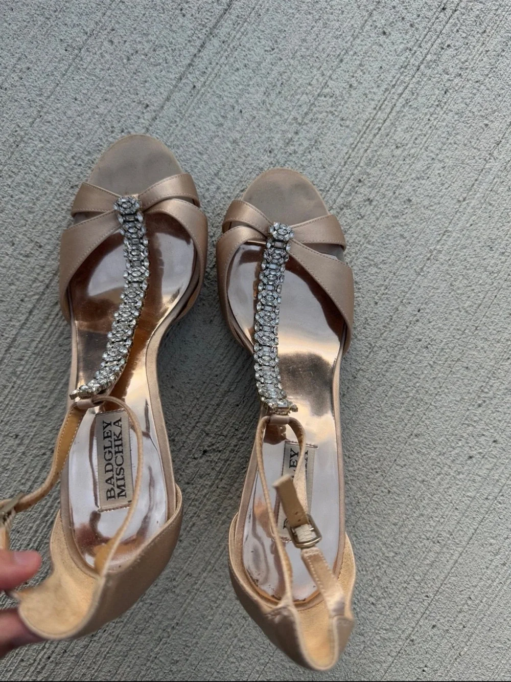 Badgley Mischka Rose Gold Satin T-Strap Crystal Embellished Heels